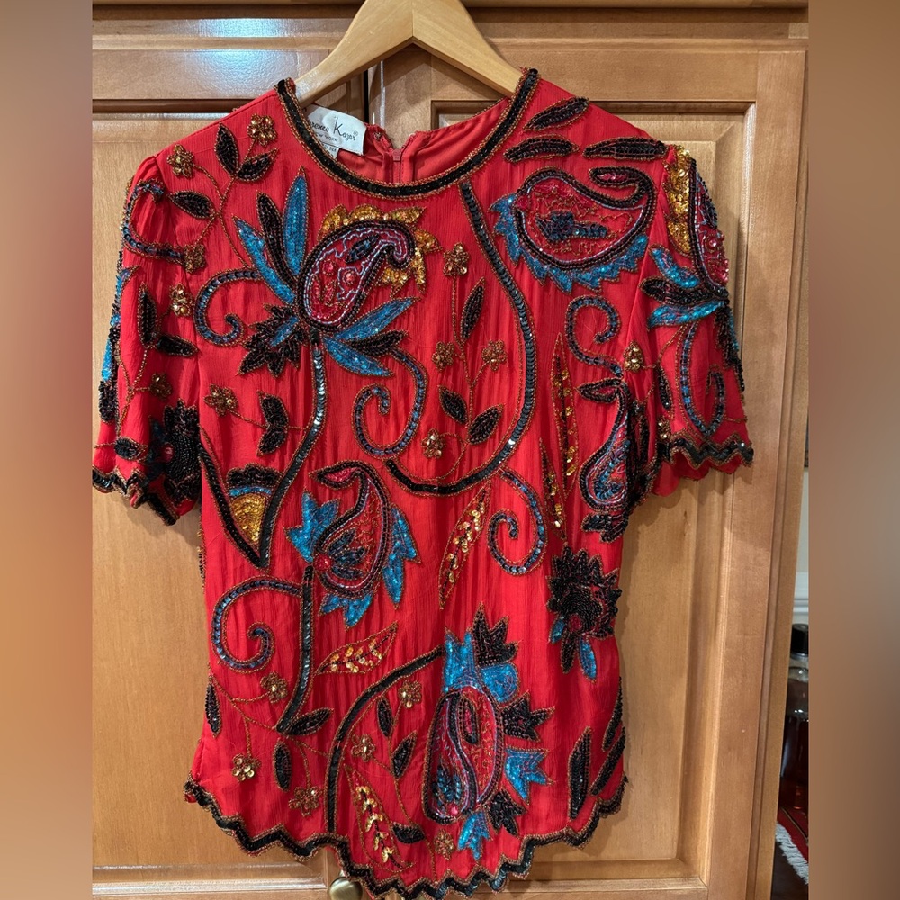 Red Beaded Paisley Top